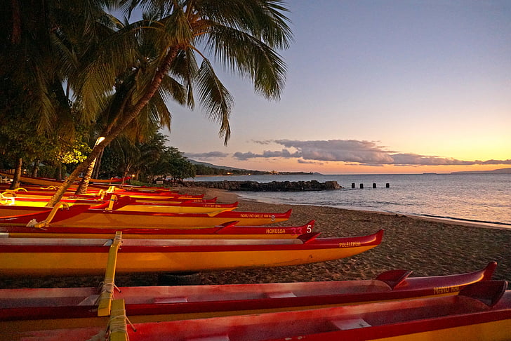 canoë, plage, Maui, coucher de soleil, mer, bateau nautique, nature