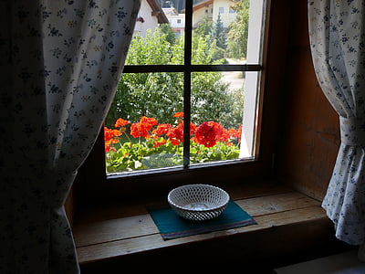 Maalaistalo, ikkuna, kukat