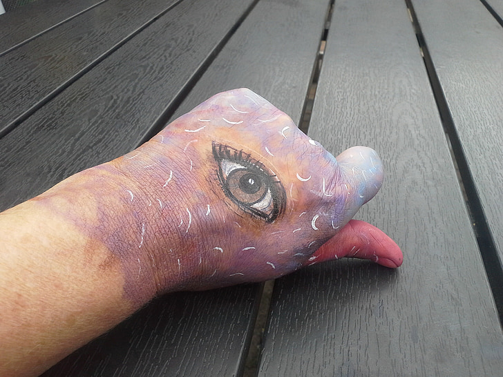 body painting, hand, finger, painted, art, eye, skin
