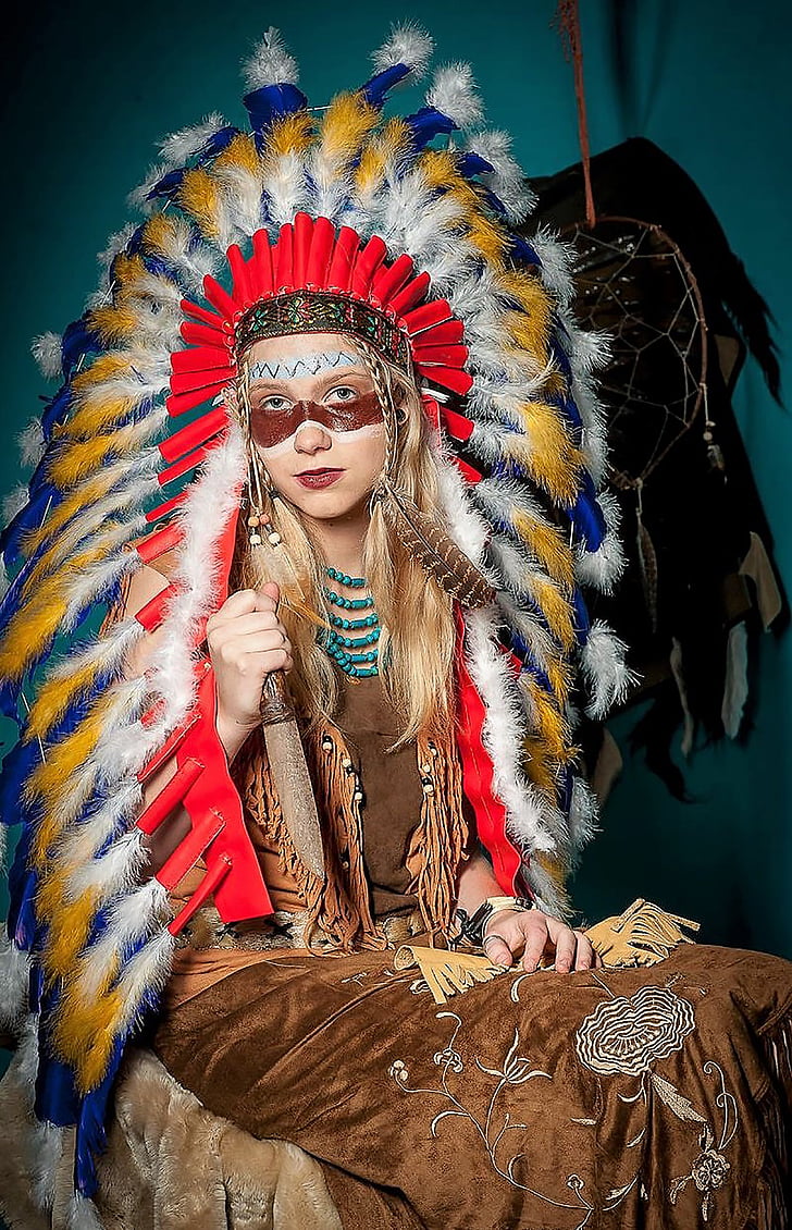 model, costume, indian, disguise, person, feather, only women