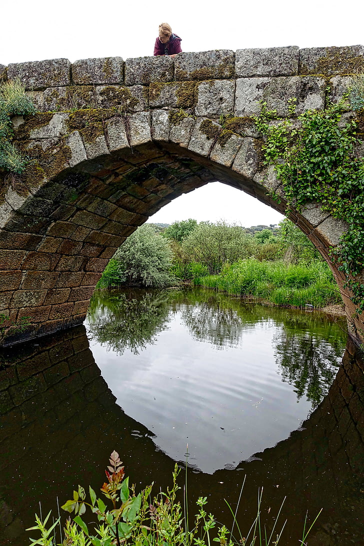 reflexão, arco, ponte, água, pessoa, pedra, velho