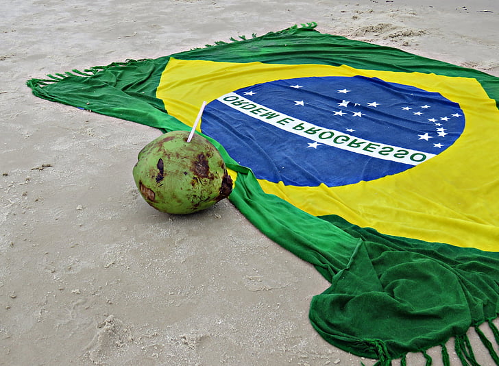 Brasil, stranden, kokos vann, flagg, sand, Coco, Brasils flagg
