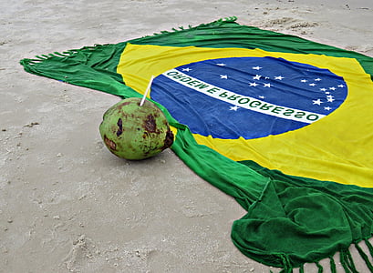 Brazílie, pláž, Kokosová voda, vlajka, písek, Coco, Brazilská vlajka