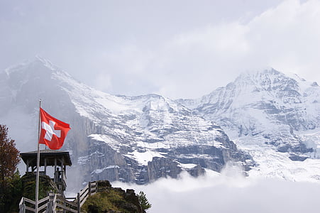 jungfraujoch, mountains, switzerland, alpine, snow, flag, mountaineering