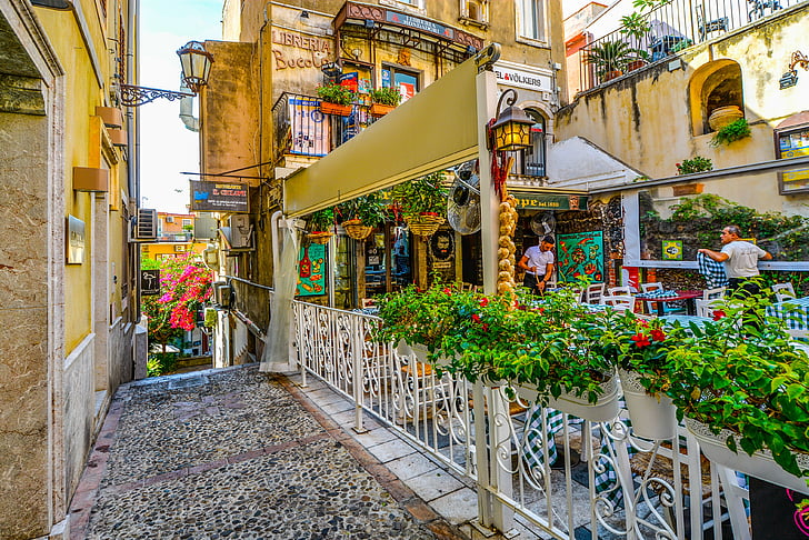 Taormina, Sicily, quán cà phê, Nhà hàng, hẻm, tiếng Sicilia, ngoài trời