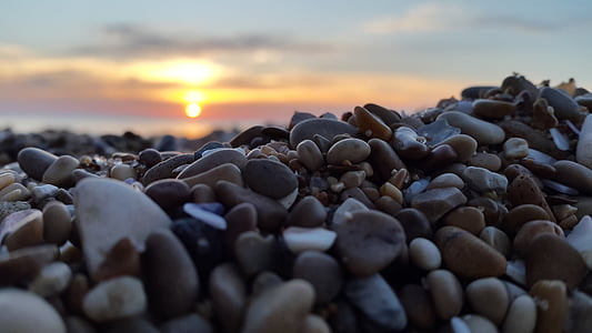 Playa, puesta de sol, rocas