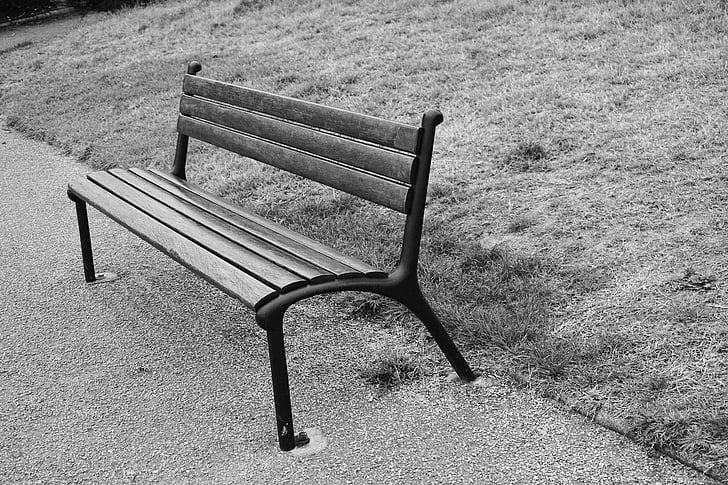 offentlig bænk, Park, haven, sidder, baseret, sort og hvid, afslapning