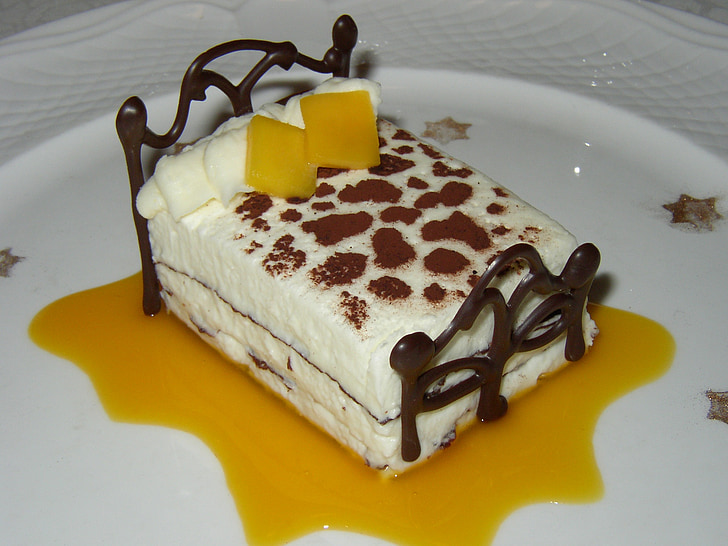 dessert, white chocolate mousse, mango, sweet, cake, gourmet, snack