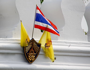 thailand, flag, coat of arms, temple, building, palace, buddhism