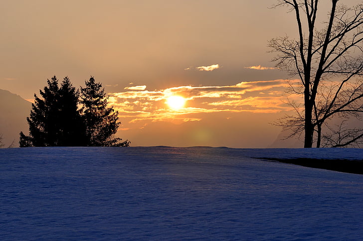 sunrise, landscape, snow, outlook, morgenstimmung, skies, sky