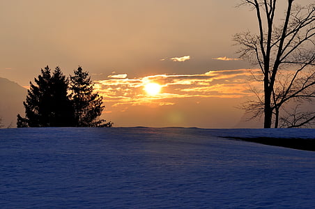 日の出, 風景, 雪, outlook, morgenstimmung, 空, 空