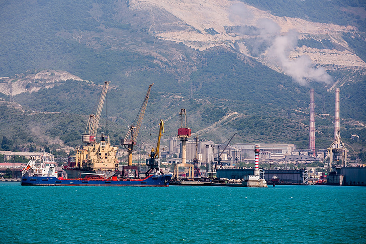 sea, crane, ship, port, bay, mountains, loading