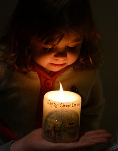 christmas, candle, glow, little girl