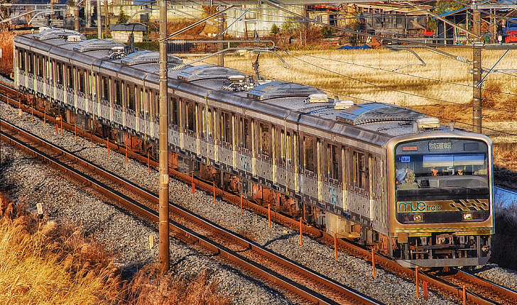 Japan, trein, passagier, spoorweg, buiten, vervoer, HDR