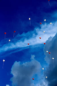 balloon, heart, love, romance, sky, heart shaped, red