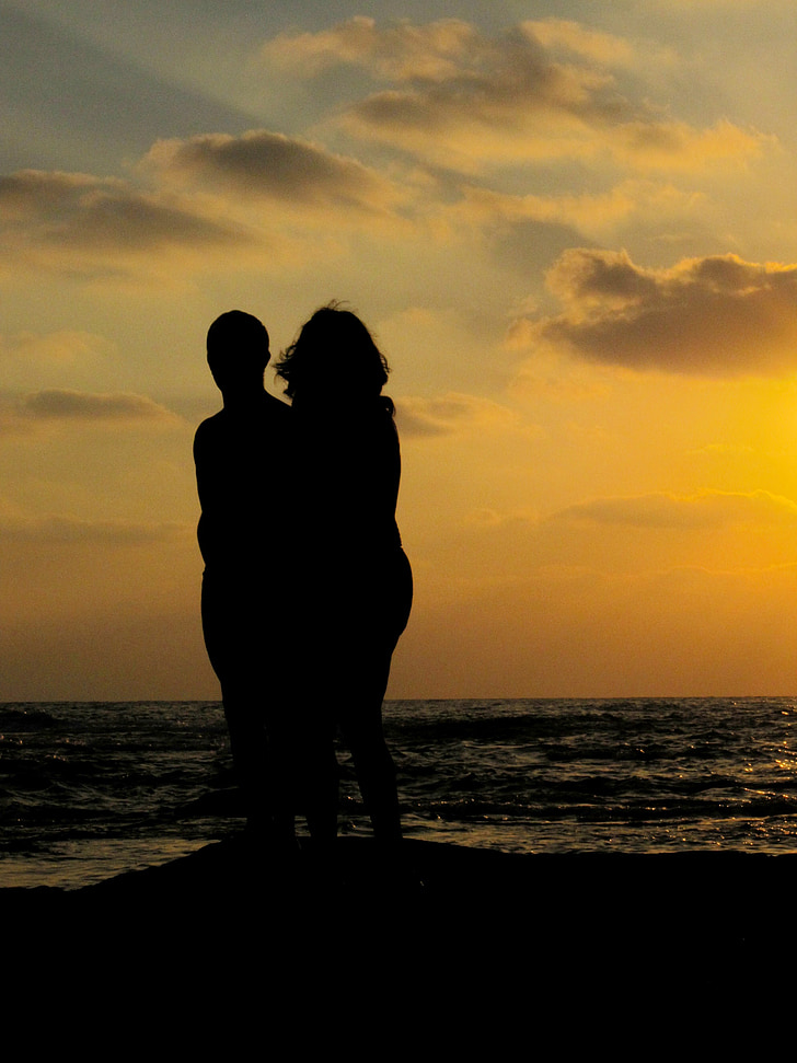 coucher de soleil, couple, silhouette