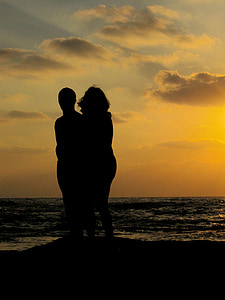 sunset, couple, silhouette