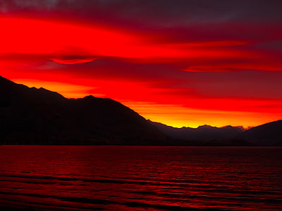 Nuova Zelanda, mare, oceano, riflessioni, montagne, tramonto, crepuscolo