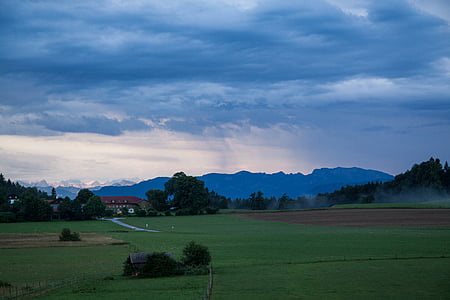 景观, 山脉, 上部巴伐利亚, 晚上, 灰色, 蓝色, 绿色