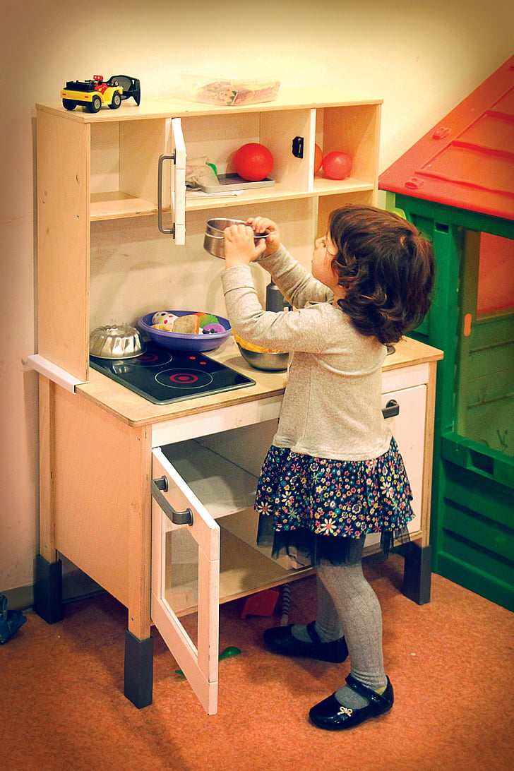 girl, playing, toy, kitchen, enjoy, childhood, fun