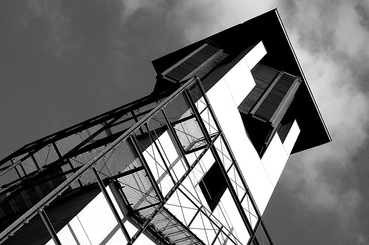 gris, escala, fotos, Torre, edifici, blanc i negre, edifici d'arquitectura