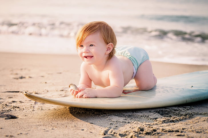 Surf, bébé, plage, Surf, été, heureux, enfant