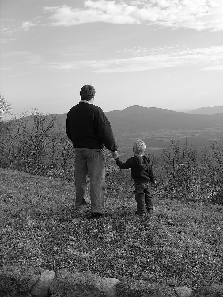 father, son, mountains, black and white, kid, nature, outdoors