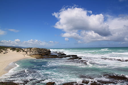 Mar, l'aigua, ona, platja, núvols, Costa, Roca