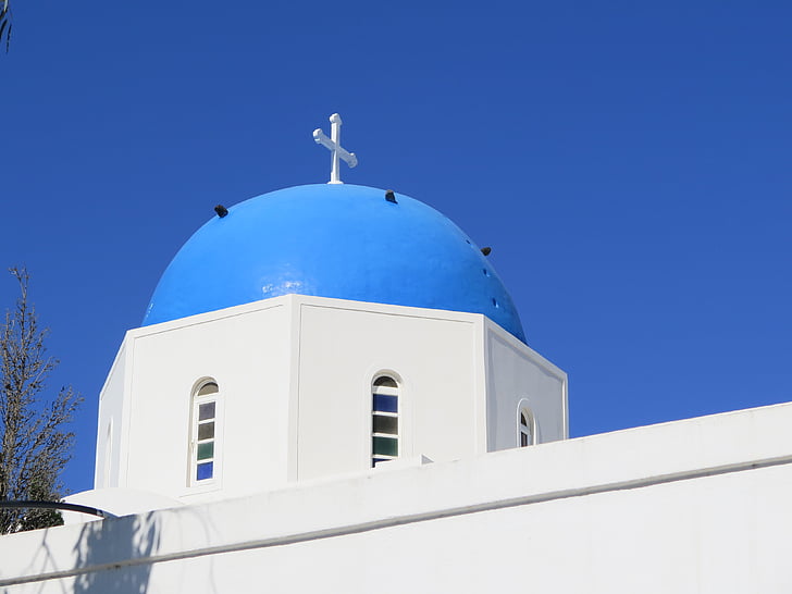 Santorini, kostol, modrá obloha, Grécko
