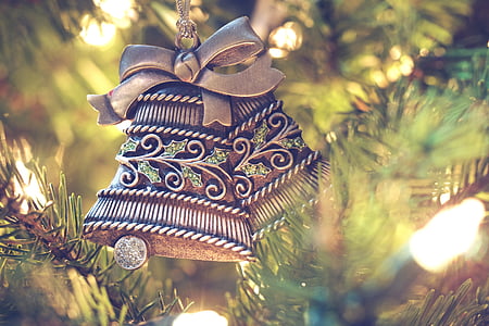 Braun, Stahl, Glocken, Weihnachten, Baum, Lichter, festliche