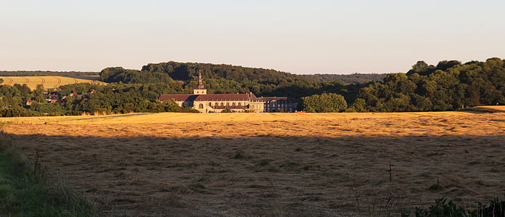 abbey of floreffe, landscape, sunset, light, field, belgium