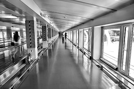 airport, architecture, blur, depth of field, glass, hallway, indoors