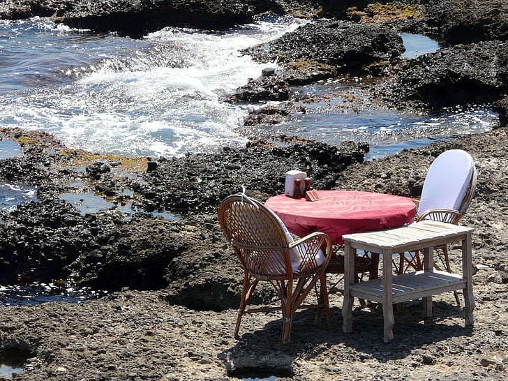 pusėje, paplūdimys, restoranas, staliukas ant jūros, akmenys, Rokas