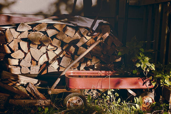 container, firewood, grass, wagon, old, old-fashioned, outdoors