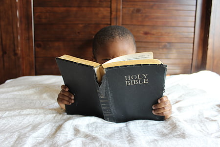 Kind, Lesen, Bibel, Bett, Afrikanische, Bildung, Junge