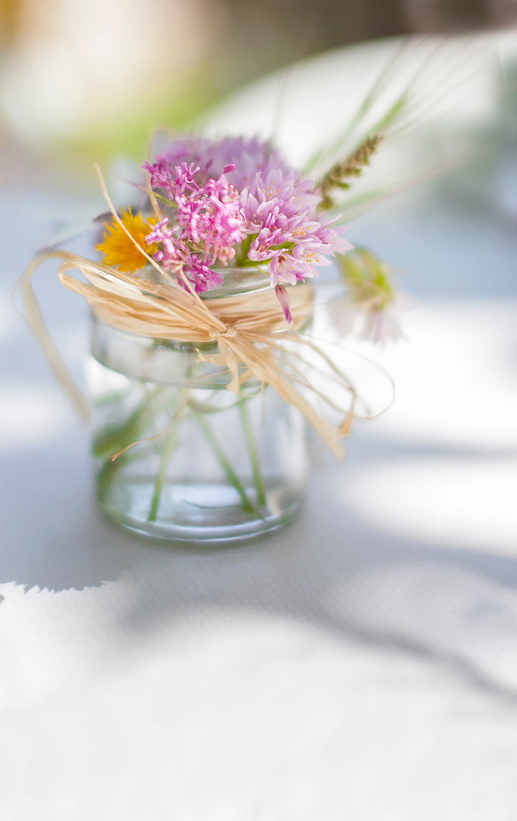 flowers, glass, water, ribbon, bokeh, blur, petals. lavender