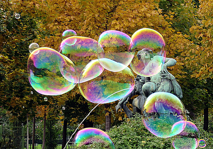 bubbles, statue, color, rainbow