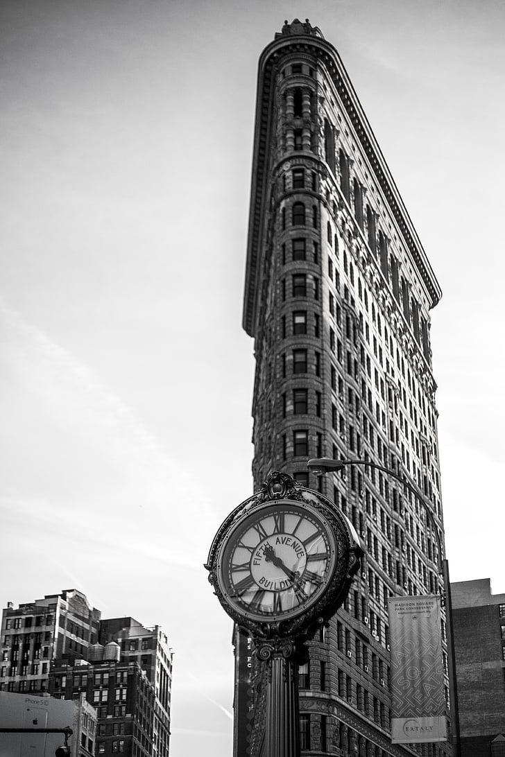 Iron, építészet, óra, New York-i, épület, fekete-fehér, felhőkarcoló