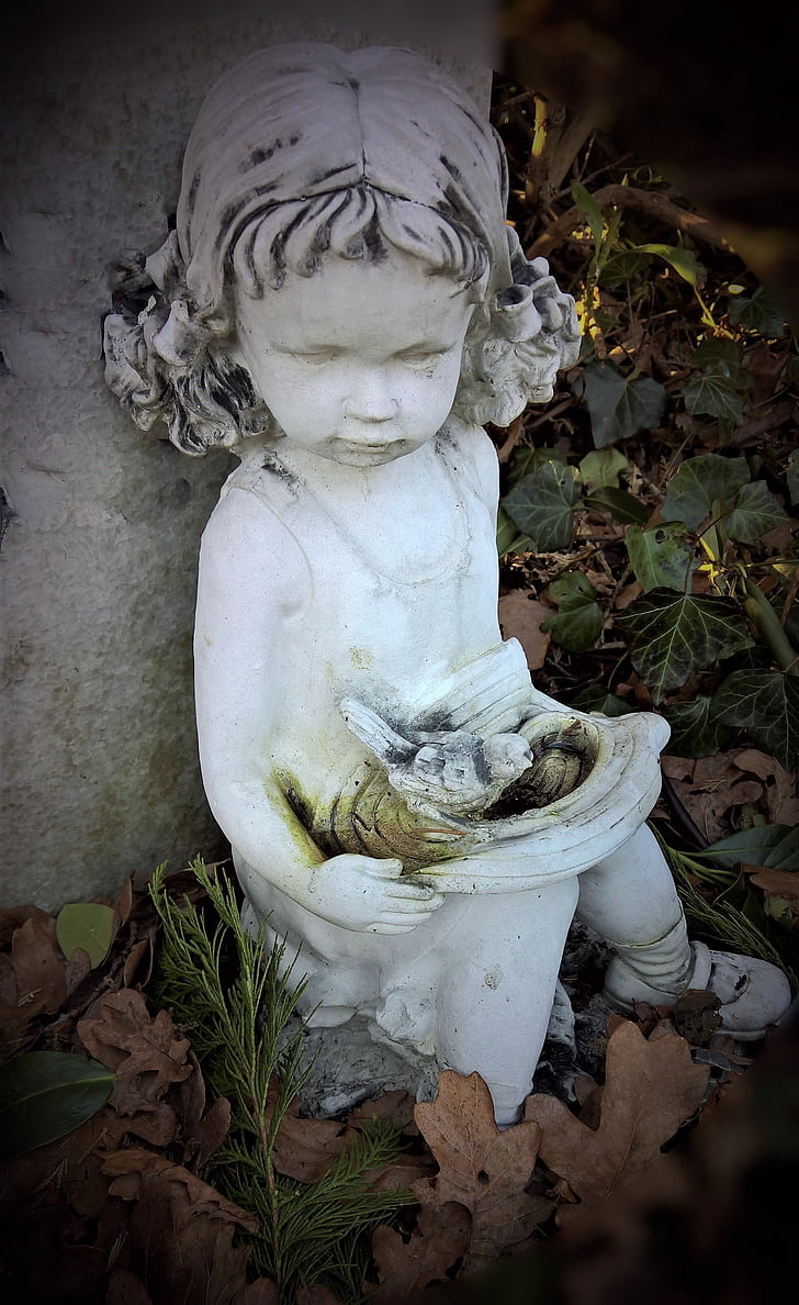 girl, sitting, figure, statue, cherub, cemetery, tombstone
