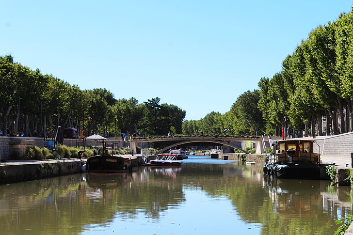 Narbonne, Franciaország, csatorna, csónak, víz, folyó, vízfolyások