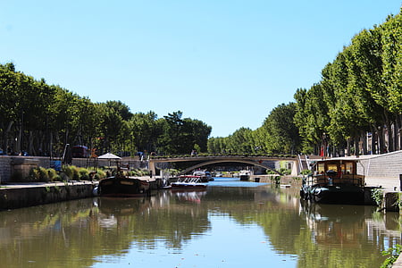 Narbonne, Frankrike, kanal, båt, vatten, floden, vattendrag