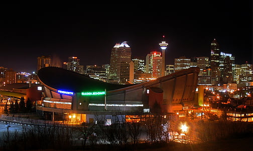 Calgary, Canada, zadel koepel, nacht, centrum, stad, steden
