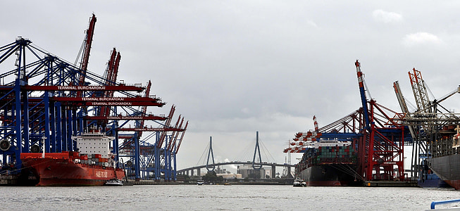 Hamburg, Port, hajó, konténeres kikötői, daru, daru betöltése