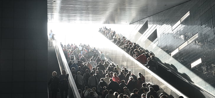 crowd, stairs, city, live, escalator, back light, enlightenment