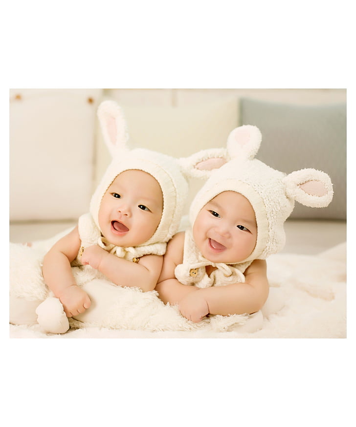two, baby, white, bunny, critter, caps, lying