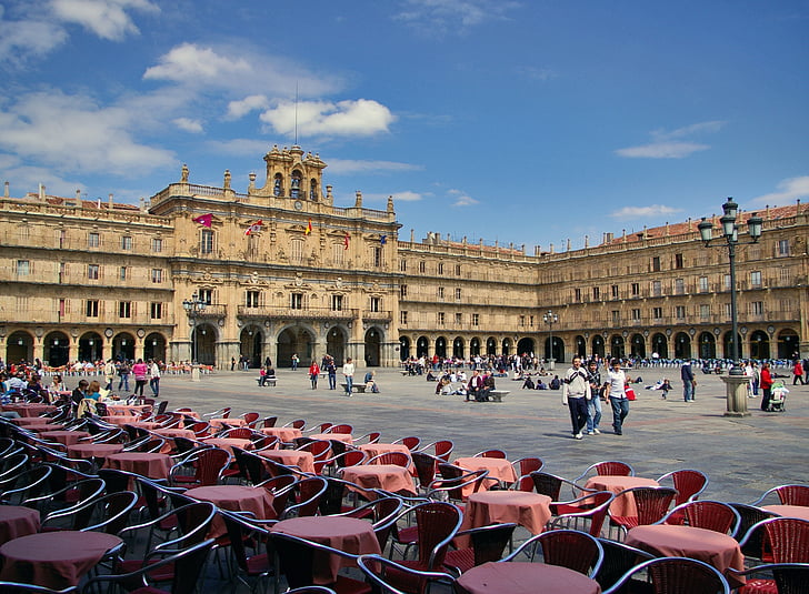 Salamanca, Plaza mayor, székek, táblák, Square, Spanyolország