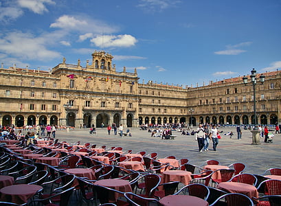 Salamanca, Plaza mayor, stoličky, tabuľky, námestie, Španielsko