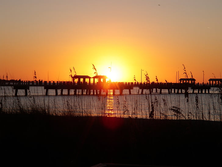 sunset, pier, reeds, beach, summer, water, outdoor
