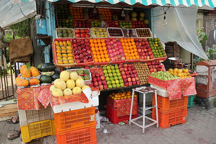 augļi veikals, augļu pārdevējs, iela, Indija, kreditoru, augļi, pārdod