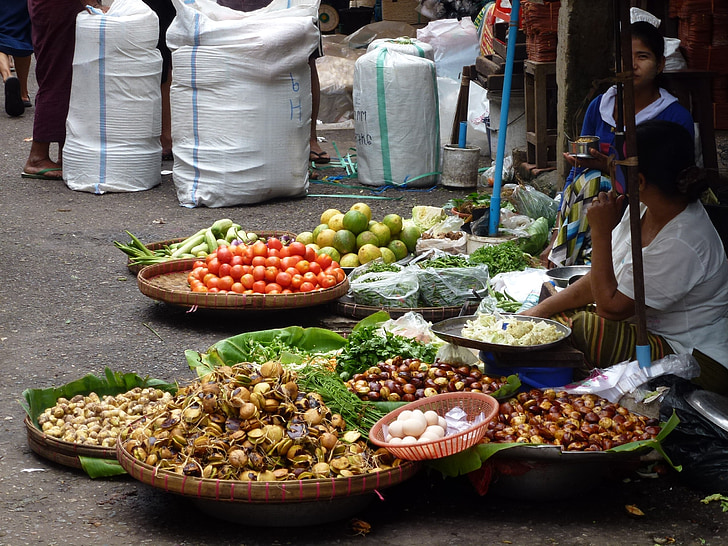piac, hagyományos, Ázsia, zöldség, gyümölcs, Burma, Mianmar